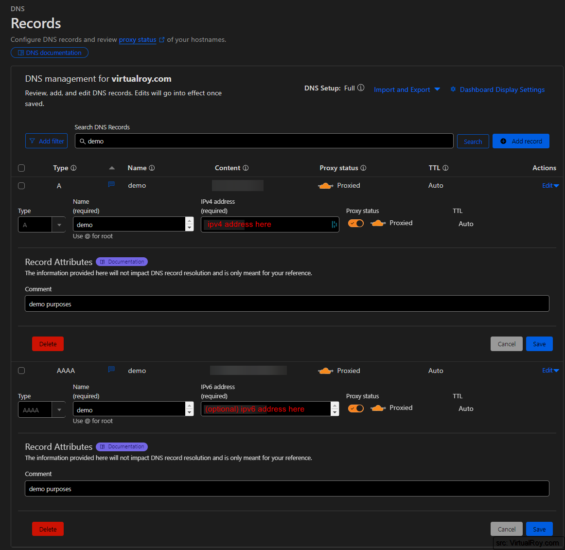 Image: Configuring A and AAAA DNS records